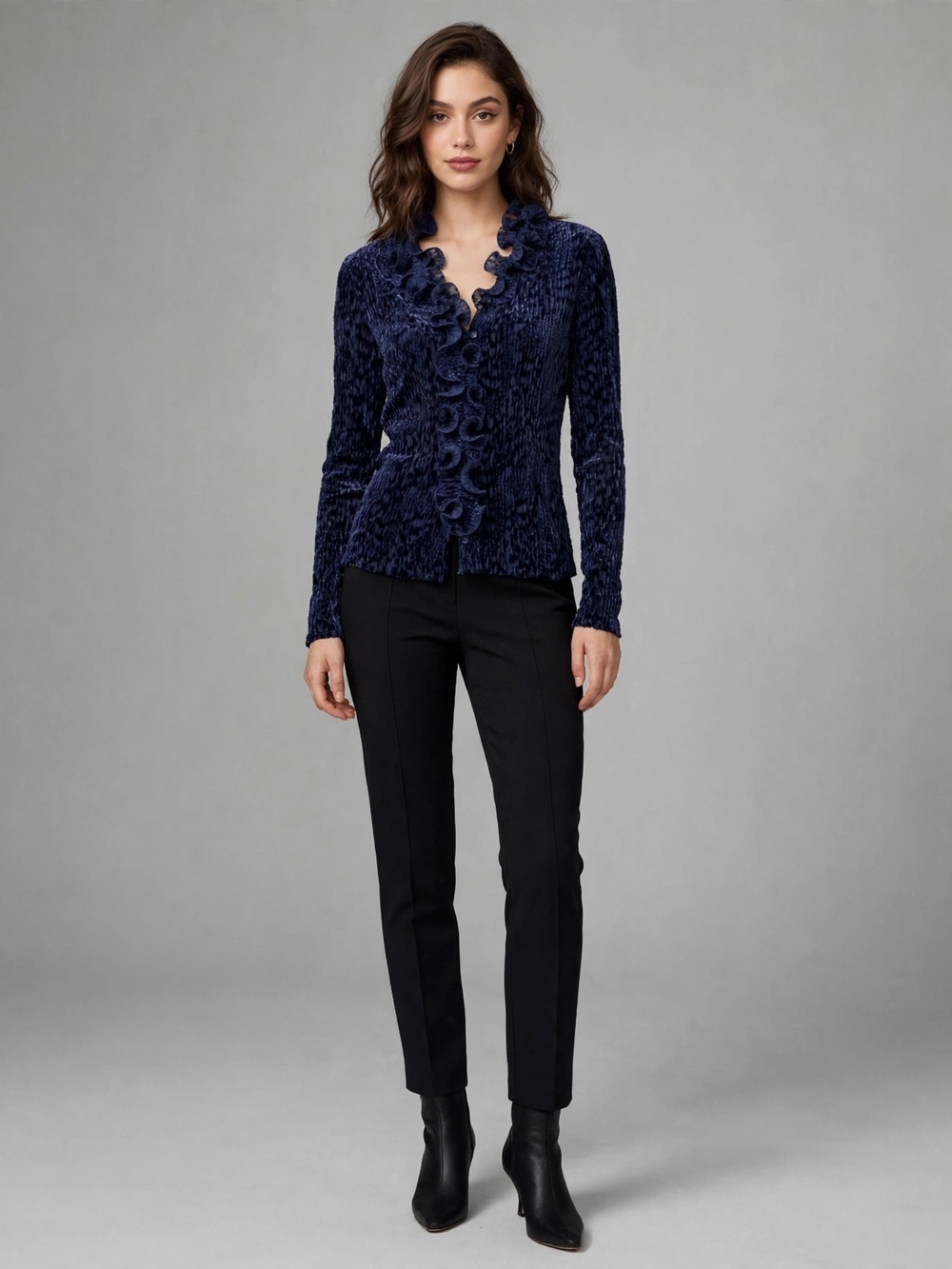 TABI Navy Blue Velvet Ruffle Blouse - Medium